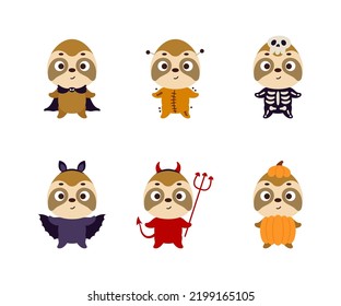 Cute Halloween sloth set. Cartoon animal character collection for kids t-shirts, nursery decoration, baby shower, greeting card, invitation. Vector stock illustration