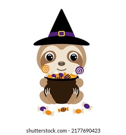 Cute Halloween sloth in witch hat holding a pot with candies. Cartoon animal character for kids t-shirts, nursery decoration, baby shower, greeting card, invitation. Vector stock illustration