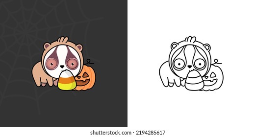 Cute Halloween Slow Loris Clipart Illustration and Black and White. Funny Clip Art Halloween Animal. Cute Vector Illustration of a Kawaii Halloween Animals with Sweets.
