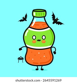 A cute Halloween soda bottle cartoon with bats and a spider on a blue background.
