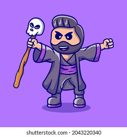 cute halloween sorcerer with skeleton stick, suitable for t-shirt designs or cute icons