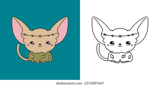 Cute Halloween Sphynx Cat Clipart Illustration and Black and White. Funny Clip Art Halloween Pet. Cute Vector Illustration of a Kawaii Halloween Animal in a Zombie Costume. 