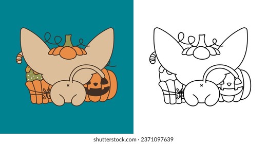 Cute Halloween Sphynx Cat Illustration and For Coloring Page. Cartoon Clip Art Halloween Kitty. Cute Vector Illustration of a Kawaii Halloween Animal with Sweets. 
