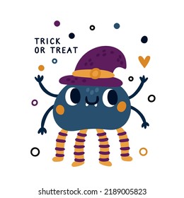 Cute Halloween Spider In Hat. Trick Or Treat Vector Festive Illustration. Halloween Card, Print For Kids