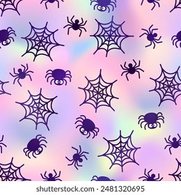 Cute Halloween spider neon rainbow seamless pattern. Vector purple spiders and spiderweb on holographic gradient background. Creepy iridescent print for Halloween decoration, wallpaper, wrapping.