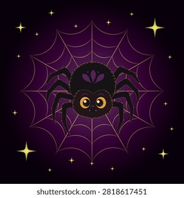 Cute Halloween spider on a golden cobweb with glowing stars on a dark purple background. Decorative vector illustration for Halloween cards, invitations, stickers, banners and seasonal designs.
