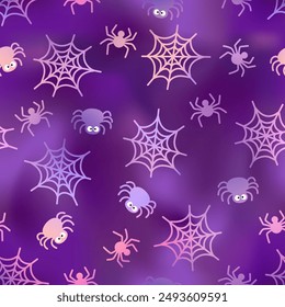 Cute Halloween spider purple seamless pattern. Vector violet spiders and spiderweb on shiny gradient background. Creepy print for Halloween decoration, wallpaper, wrapping.