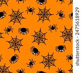 Cute Halloween spider seamless pattern. Vector black spiders and spiderweb on orange background. Creepy print for Halloween decoration, wallpaper, textile, wrapping, fabric.