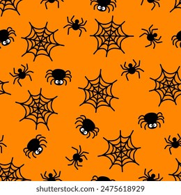 Cute Halloween spider seamless pattern. Vector black spiders and spiderweb on orange background. Creepy print for Halloween decoration, wallpaper, textile, wrapping, fabric.