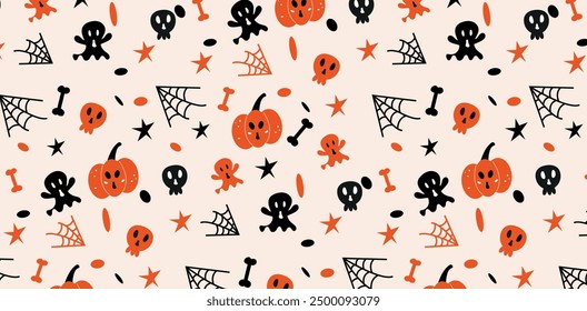 Cute Halloween spider seamless pattern. Vector black spiders, pumpkins and ghost on rose background. Creepy print for Halloween decoration, wallpaper, textile, wrapping, fabric.