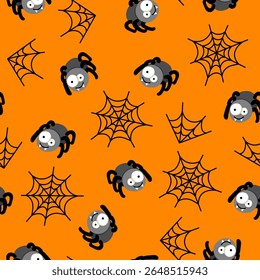 Cute Halloween spider seamless pattern. Vector spiders and spiderweb on orange background. Creepy print for Halloween decoration, wallpaper, textile, wrapping, fabric, backgrounds.