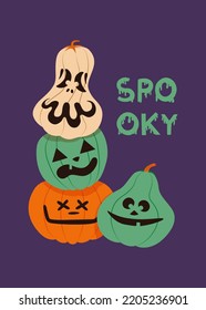 Cute halloween spooky carved pumpkins greeting card design on purple background