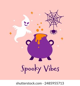 Cute Halloween Spooky Vibes print. Vector ghost, cauldron and spider on pink background. Halloween witchy illustration for greeting banner, postcard, web