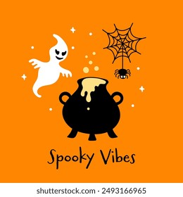 Cute Halloween Spooky Vibes print. Vector ghost, cauldron and spider on orange background. Halloween witchy illustration for greeting banner, postcard, web