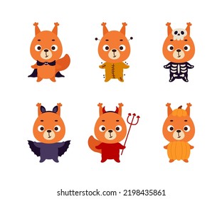 Cute Halloween squirrel set. Cartoon animal character collection for kids t-shirts, nursery decoration, baby shower, greeting card, invitation. Vector stock illustration