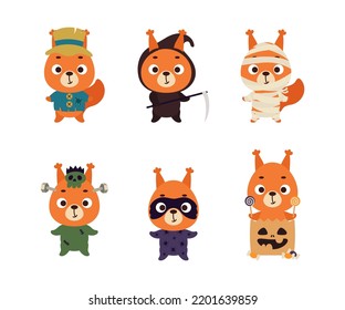 Cute Halloween squirrel set. Cartoon animal character collection for kids t-shirts, nursery decoration, baby shower, greeting card, invitation. Vector stock illustration