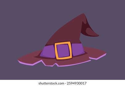 Cute Halloween Sticker. Adorable Witch Hat Label for festival of fear and horror. Trick or Treat. Design element for print. Flat cartoon vector illustration isolated on background