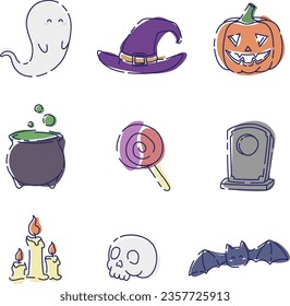 Cute halloween sticker elements with ghost, witch hat, pumpkin, cauldron, candy, skull, bat, etc for poster, sticker, and greetings card. flat hand drawn design
