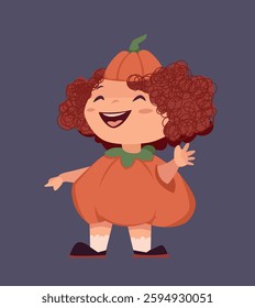 Cute Halloween Sticker. Happy smiling preschool girl in pumpkin costume. Trick or Treat. Child in Halloween outfit. Design element for print. Flat cartoon vector illustration isolated on background