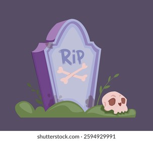 Cute Halloween Sticker. Label or badge with tombstone or grave in cemetery. Trick or Treat. Design element for Halloween festival. Flat cartoon vector illustration isolated on background