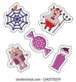 Cute Halloween sticker pack: cobweb with leaf, devil, candy, werewolf and vampire. White background. Flat linear style illustration. Vector.