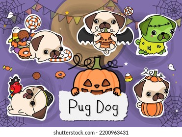 Cute Halloween Sticker Pack. Collection of Cute Halloween Dog Clipart Illustration. Happy Clip Art Halloween Puppy Pug. Set of Five Animals Vector Illustrations, for Halloween Stickers
