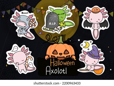 Cute Halloween Sticker Pack. Collection of Halloween Axolotl Clipart Illustration. Adorable Clip Art Halloween Salamander. Set of Five Animals Vector Illustrations, for Halloween Stickers
