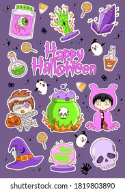 Cute Halloween sticker pack with halloween pumpkins, bat, ghosts, vampires, witch hat, witch cauldron, eye in glass, skull.