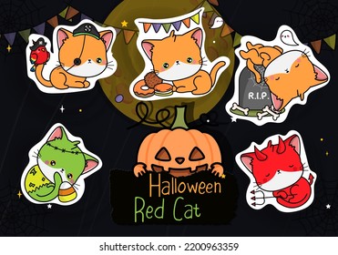 Cute Halloween Sticker Pack. Set of Cute Halloween Kitten Clipart Illustration. Funny Clip Art Halloween Cat. Set of Five Animals Vector Illustrations, for Halloween Stickers
