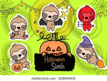 Cute Halloween Sticker Pack. Set of Clipart Halloween Sloth Illustrations. Cute Clip Art Halloween Sloth. Set of Five Animals Vector Illustrations, for Halloween Stickers
