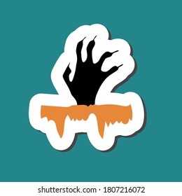 Cute Halloween sticker of scarry day symbols. Funny cartoon dead man's hand reaches out from the ground. element of Halloween is on green background. Thick white stroke and black shadow