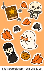 Cute Halloween sticker set featuring a ghost, Wednesday Addams, skeleton, and spider. Hand-drawn spooky cartoon illustrations on transparent background. Perfect for kids and seasonal decorations.