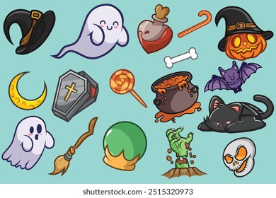 Cute Halloween sticker set with ghosts, pumpkins, witches' hats, black cats, candy, and more spooky elements. Ideal for festive designs and decorations