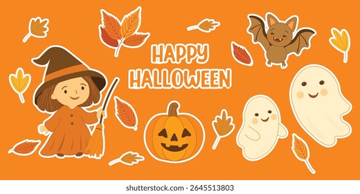 Cute Halloween sticker set with pumpkin, ghosts, little witch, bat, and autumn leaves. Flat cartoon vector style, perfect for kids designs, party decorations, scrapbooking, and festive prints.