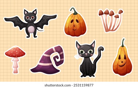 Cute Halloween stickers with black cat, pumpkins and witch hat on checkered background