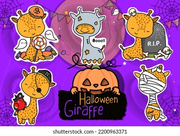 Cute Halloween Stickers. Collection of Kawaii Halloween Giraffe Illustration. Cute Kawaii Halloween Giraffe. Set of Five Animals Vector Illustrations, for Halloween Stickers
