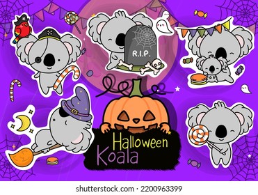 Cute Halloween Stickers. Collection of Kawaii Halloween Koala Illustration. Cute Kawaii Halloween Koala Bear. Set of Five Animals Vector Illustrations, for Halloween Stickers
