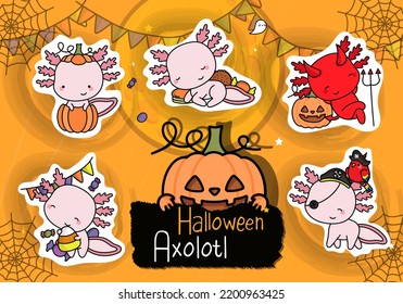 Cute Halloween Stickers. Set of Cute Halloween Axolotl Clipart Illustration. Funny Clip Art Halloween Salamander. Set of Five Animals Vector Illustrations, for Halloween Stickers
