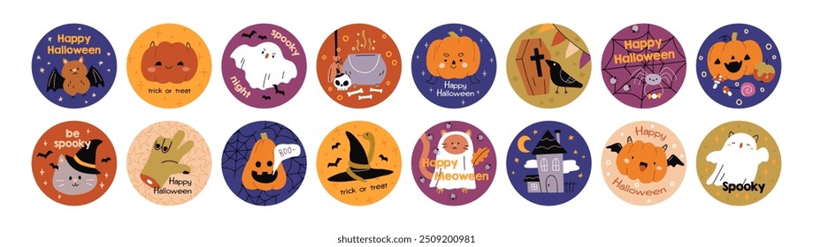 Lindo conjunto de pegatinas de Halloween. Decoraciones de círculo para las vacaciones de octubre. Feliz Helloween diseños de etiquetas con calabaza, fantasma, gato, murciélago y caldero. Ilustración vectorial plana aislada sobre fondo blanco