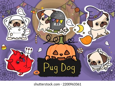 Cute Halloween Stickers. Set of Cute Clipart Halloween Pug Dog Illustration. Cartoon Clip Art Halloween Puppy. Set of Five Animals Vector Illustrations, for Halloween Stickers
