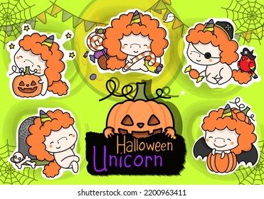 Cute Halloween Stickers. Set of Cute Clipart Halloween Unicorn Illustration. Cartoon Clip Art Halloween Fantasy Horse. Set of Five Animals Vector Illustrations, for Halloween Stickers
