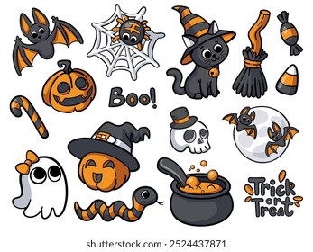 Cute Halloween stickers set in ink hand drawn doodle style. Pumpkins, ghost, bats, cauldron and other Halloween elements. White background.