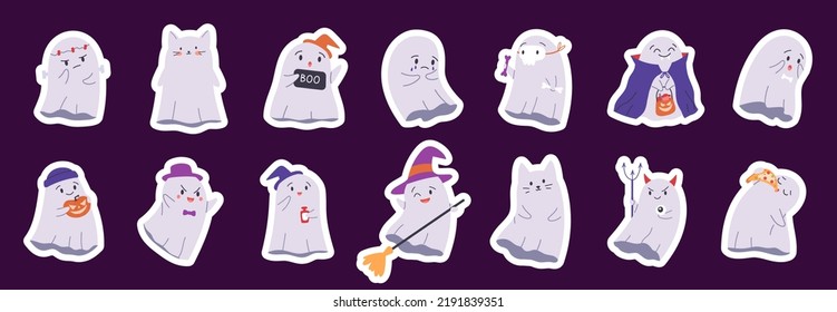 Cute Halloween stickers with spooky phantom set. Happy ghosts characters for children. Flat vector stickers