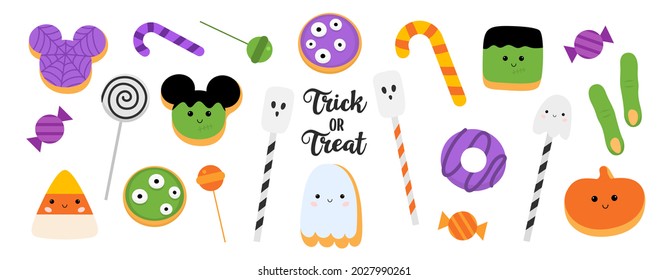 Cute halloween sweets and candies. Flat simple icons. Halloween decorations. Vector