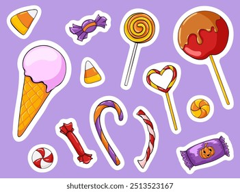 Cute Halloween sweets; candies; lollipops and desserts. Halloween trick or treat candies; pumpkin jelly beans; sweetie; ice cream and caramelised apple. Hand drawn cartoon outline illustration.