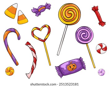 Cute Halloween sweets; candies; lollipops and desserts. Halloween trick or treat candies, pumpkin jelly beans, sweetie. Hand drawn cartoon outline illustration on white background