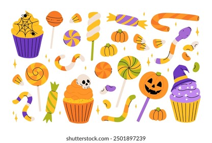 Cute Halloween sweets, cupcakes and candy corns lollipops and desserts. Halloween trick or treat candies and cakes with pumpkin jelly beans and jelly worms and snakes. Flat cartoon illustration.