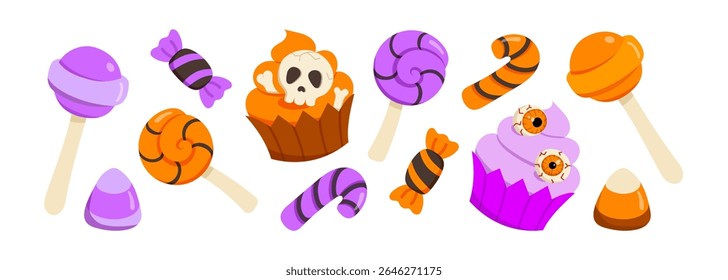 Cute Halloween sweets set. Vector cute orange and violet caramel, spiral lollypop, candy cane, cupcake with zombie eye, skull, bones. Funny cartoon trick or treat desserts holiday decoration, sticker.
