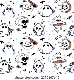 Cute Halloween symbols with ghosts, pumpkins and skulls. Party seamless vector wallpaper pattern.