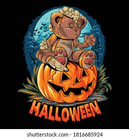 A cute halloween teddy bear with a knife sitting on a pumpkin